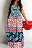 Pink Graphics Print Backless Sleeveless Spaghetti Strap Floor Length Vacation Baggy Sundress Slip Maxi Dress