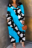 Black White Casual Leopard Snakeskin Print V Neck Long Sleeve Ankle Length Casual Outing Plus Size Straight Loose Maxi Dress
