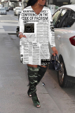 White Blue Newspaper Print V Neck Long Sleeve Pockets Loose Casual Mini Dresses