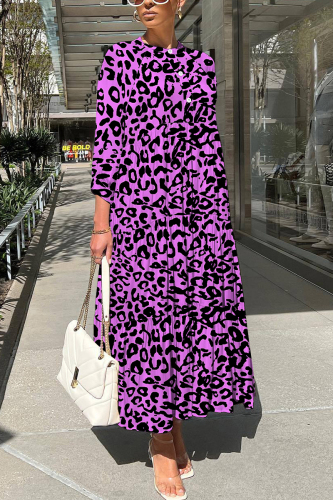 Purple Leopard Print O Neck 3/4 Sleeve Long Loose Vacation Casual Pleated Maxi Dresses