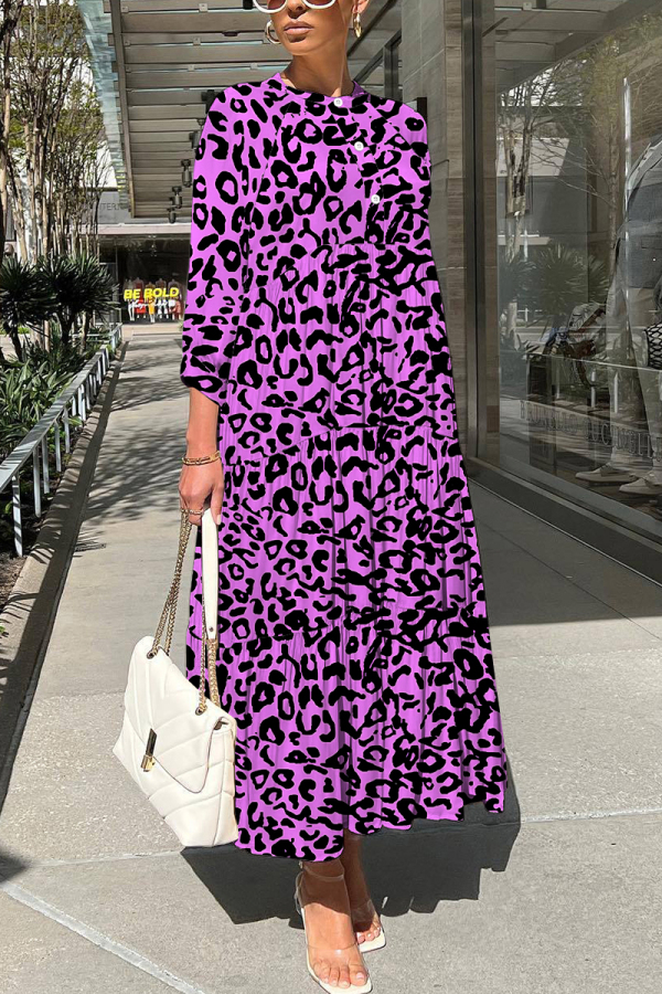 Purple Leopard Print O Neck 3/4 Sleeve Long Loose Vacation Casual Pleated Maxi Dresses