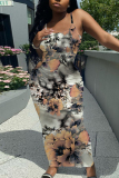 Multicolor Graphic Print Sleeveless Backless Spaghetti Strap Summer Outings Vacation Bodycon Maxi Slip Dress
