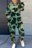 Green Graphics Print Long Sleeve Hooded Sweatshirt and Skinny Pant Casual Sportwear Plus Size Two Piece Jogger Set
