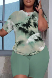 Khaki Butterfly Print O Neck Short Sleeve Oversize T Shirt And Shorts Set Sportwear Plus Size Two Piece Matching Set