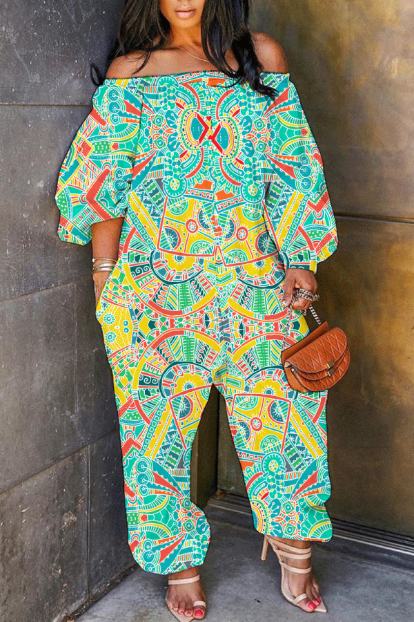 Blue Orange Graphics Boho Print Off Shoulder Long Sleeve Vacation Casual Harem Leg Jumpsuits