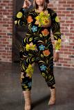 Pastel Green Floral Print O Neck Long Sleeve Blouse And Skinny Pants Casual Two Pieces Trouser Sets