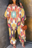 Blue Orange Graphics Boho Print Off Shoulder Long Sleeve Vacation Casual Harem Leg Jumpsuits