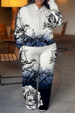 Blue White Floral Print Long Sleeve Hooded Sweatshirt And Pant Casual Sportwear Two Piece Jogger Set