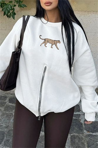 Dark Gray Leopard Print Zipper O Neck Long Sleeve Casual Fall Winter Sweatshirt Tops