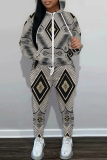 White Graphcis Print Zipper Hooded Long Sleeve Sweatshirt And Pants Two Pieces Jogger Sets