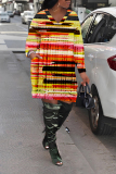 Yellow Graphics Print V Neck Long Sleeve Pockets Loose Casual Mini Dresses