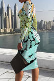 Black Orange Geometric Print O Neck Long Sleeve Casual Outing Bodycon Pencil Midi Dress
