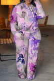 Lake Blue Floral Print Long Sleeve Hooded Sweatshirt And Pant Casual Sportwear Two Piece Jogger Set