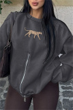 Dark Gray Leopard Print Zipper O Neck Long Sleeve Casual Fall Winter Sweatshirt Tops