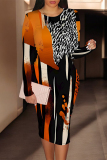 Black Orange Geometric Print O Neck Long Sleeve Casual Outing Bodycon Pencil Midi Dress