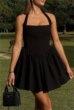Black Backless Sleeveless Formal Evening Party Prom Halter Pleated Mini Dresses