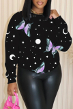 Pink Butterfly Print O Neck Long Sleeve Casual Outing Plus Size Fall Winter Sweatshirt