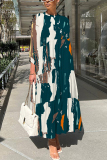 Dark Grey Graphics Print O Neck 3/4 Sleeve Long Loose Vacation Casual Pleated Maxi Dresses