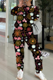 Black Pink Graphics Print O Neck Long Sleeve Sweatshirt And Skinny Pants Sportwear Casual Two Pieces Matching Sweatsuit Set