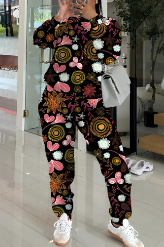 Black Pink Graphics Print O Neck Long Sleeve Sweatshirt And Skinny Pants Sportwear Casual Two Pieces Matching Sweatsuit Set