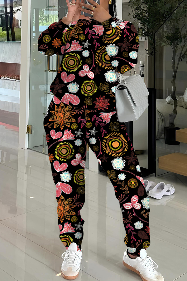 Black Pink Graphics Print O Neck Long Sleeve Sweatshirt And Skinny Pants Sportwear Casual Two Pieces Matching Sweatsuit Set