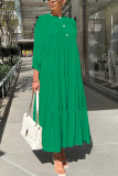 Blue Graphics Print O Neck 3/4 Sleeve Long Loose Vacation Casual Pleated Maxi Dresses