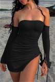 White Backless Off Shoulder Draw String Lace Up Slit Formal Evening Party Prom Bodycon Mini Dresses