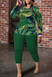 Navy Blue Leaf Print O Neck Long Sleeve Blouse And Skinny Pants Casual Two Pieces Trouser Sets