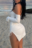 White Backless Off Shoulder Draw String Lace Up Slit Formal Evening Party Prom Bodycon Mini Dresses