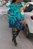 Navy Blue Graphics Print V Neck Long Sleeve Pockets Loose Casual Mini Dresses
