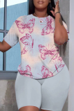 Khaki Butterfly Print O Neck Short Sleeve Oversize T Shirt And Shorts Set Sportwear Plus Size Two Piece Matching Set