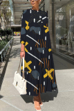 Pink Graphics Print O Neck 3/4 Sleeve Long Loose Vacation Casual Pleated Maxi Dresses