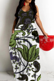 White Green Graphics Print Backless Sleeveless Spaghetti Strap Floor Length Vacation Baggy Sundress Slip Maxi Dress