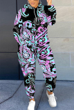 Blue Graphics Print Long Sleeve Hooded Sweatshirt and Skinny Pant Casual Sportwear Plus Size Two Piece Jogger Set