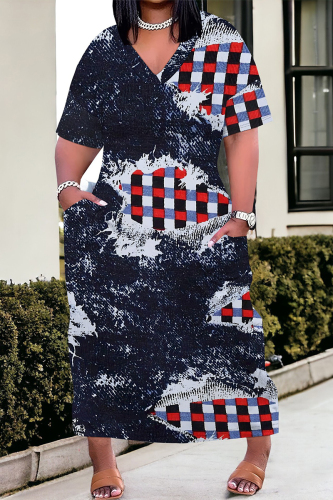 Blue Red Faux Denim Print V Neck Long Sleeve Straight Casual Outing Loose Plus Size Maxi Dress