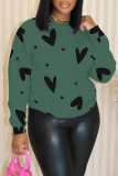 Dark Green Love Print O Neck Long Sleeve Casual Outing Plus Size Fall Winter Sweatshirt