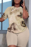 Khaki Butterfly Print O Neck Short Sleeve Oversize T Shirt And Shorts Set Sportwear Plus Size Two Piece Matching Set