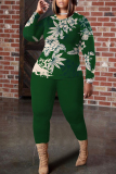 Navy Blue Leaf Print O Neck Long Sleeve Blouse And Skinny Pants Casual Two Pieces Trouser Sets