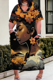 Teal African Figure Print V Neck Long Sleeve Straight Casual Outing Loose Plus Size Midi Dress