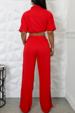 Blue Colorblack Print Zipper Collar Short Sleeve Draw String Crop Tops And Wide Leg Pants Sportwear Casual Two Pieces Jogger Sets