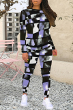Gray Green Letters Geometric Print Long Sleeve O Neck Sweatshirt And Skinny Pant Casual Sportwear Plus Size Two Piece Jogger Set
