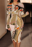 Black Orange Geometric Print O Neck Long Sleeve Casual Outing Bodycon Pencil Midi Dress