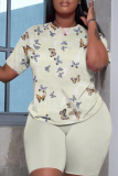 Khaki Butterfly Print O Neck Short Sleeve Oversize T Shirt And Shorts Set Sportwear Plus Size Two Piece Matching Set