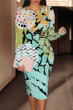 Black Orange Geometric Print O Neck Long Sleeve Casual Outing Bodycon Pencil Midi Dress