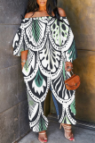 Blue Orange Graphics Boho Print Off Shoulder Long Sleeve Vacation Casual Harem Leg Jumpsuits