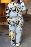 Blue White Floral Print Long Sleeve Hooded Sweatshirt And Pant Casual Sportwear Two Piece Jogger Set