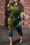 Green Graphics Print O Neck Long Sleeve Blouse And Skinny Pants Casual Two Pieces Trouser Sets