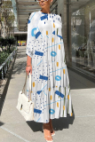 Pink Graphics Print O Neck 3/4 Sleeve Long Loose Vacation Casual Pleated Maxi Dresses