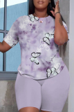 Khaki Butterfly Print O Neck Short Sleeve Oversize T Shirt And Shorts Set Sportwear Plus Size Two Piece Matching Set