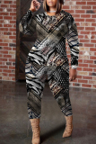 Green Graphics Print O Neck Long Sleeve Blouse And Skinny Pants Casual Two Pieces Trouser Sets